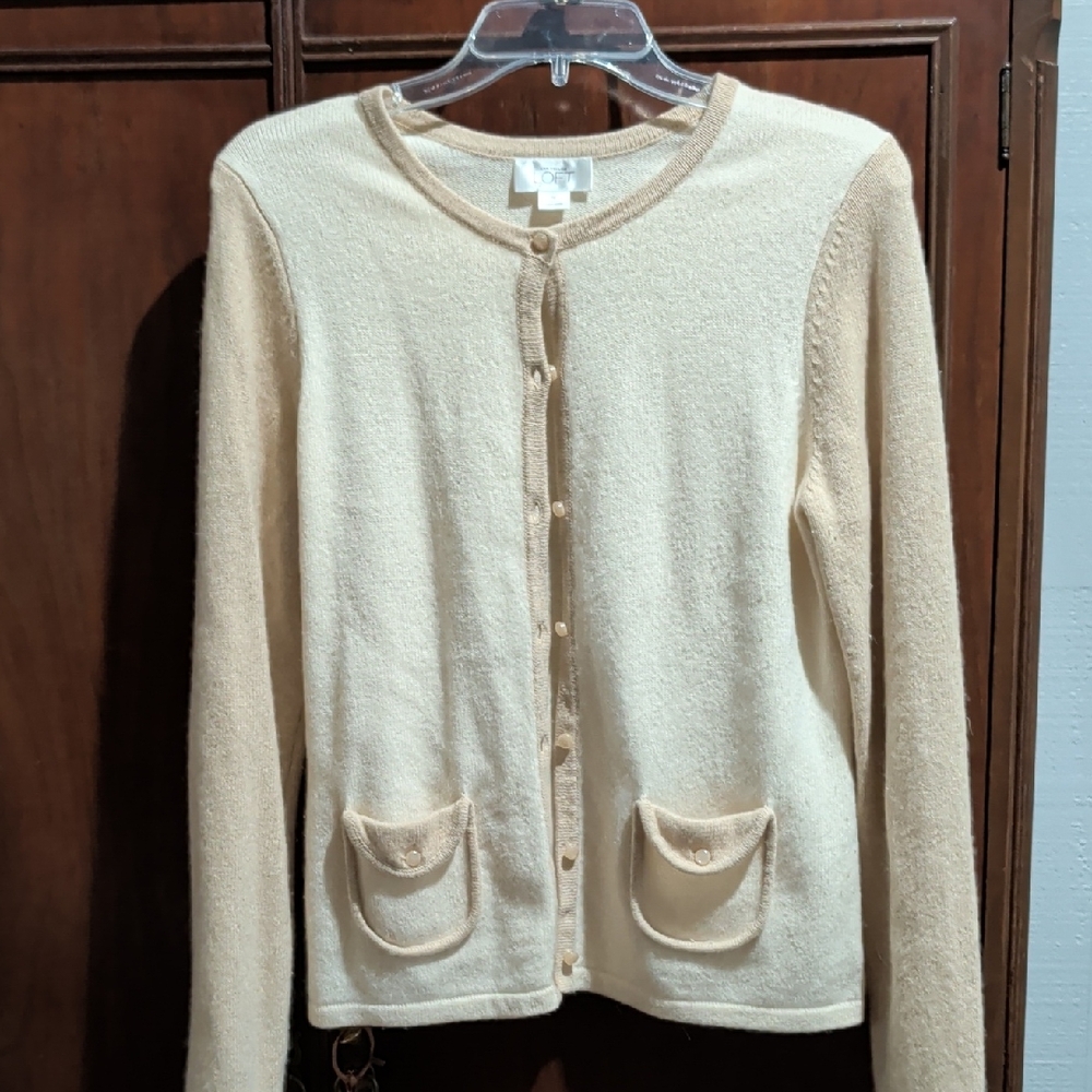 LOFT Cream Button-Front Cardigan with Pocket Detail